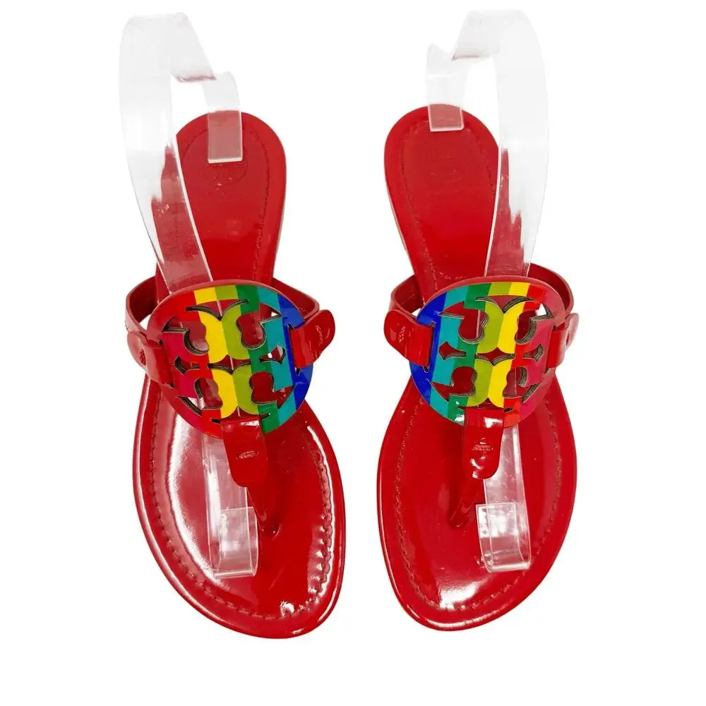 TORY BURCH Red Rainbow Patent Leather Miller Sandals Logo Medallion Size 7